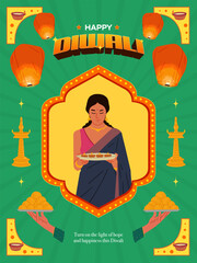 Diwali festival poster design with festive elements and Indian woman with diyas vector illustration 