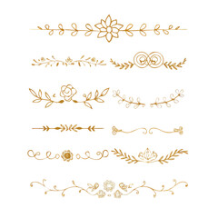 Collection of hand drawn golden text dividers. Calligraphic lines, vintage gold borders and wedding card breaks. Vector isolated flourish ink elements.	