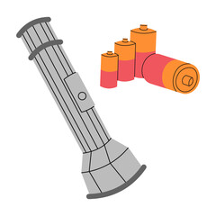 Flashlight and batteries, PNG illustration.