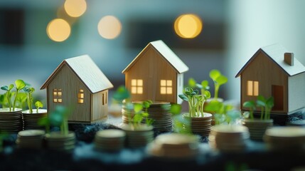 Miniature houses on coins, growing plants, real estate investment, future home