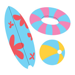 Surfboard, rubber ring, and rubber ball, PNG illustration.