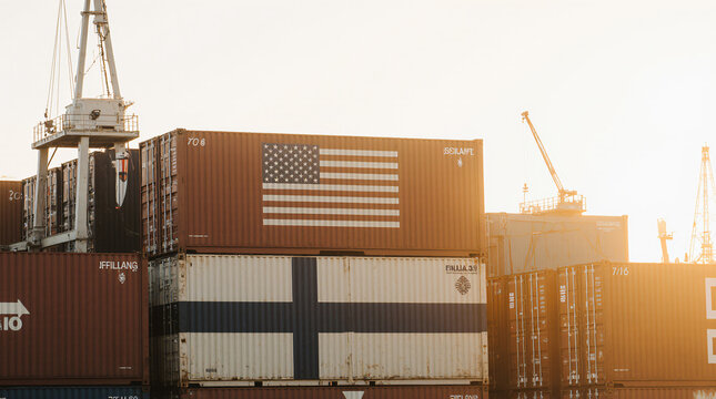 Shipping Containers with US and Finnish Flags at Port