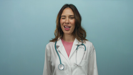 Hispanic female doctor in white coat with stethoscope winks playfully against isolated blue...