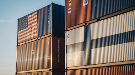 Fototapeta premium Stacked Shipping Containers with National Flags
