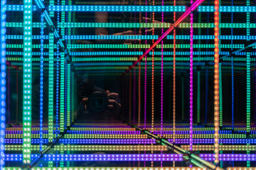 Rainbow LED Infinity Mirror Maze with Photographer Reflection