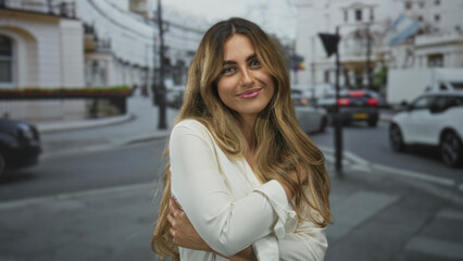 Fototapeta premium Woman with bare arms hugging herself and tousling long blonde hair while smiling softly on a busy city street; confidence comfort.