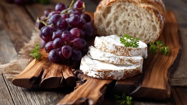 A rustic wooden board displays slices of creamy brie cheese, alongside a loaf of crusty bread and bunches of plump red grapes.