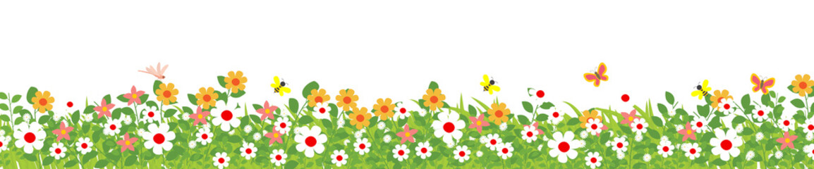 Colorful flower meadow with butterflies spring illustration