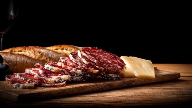 Slices of cured meat, cheese, and bread arranged on a rustic wooden board, ideal for a gourmet appetizer.