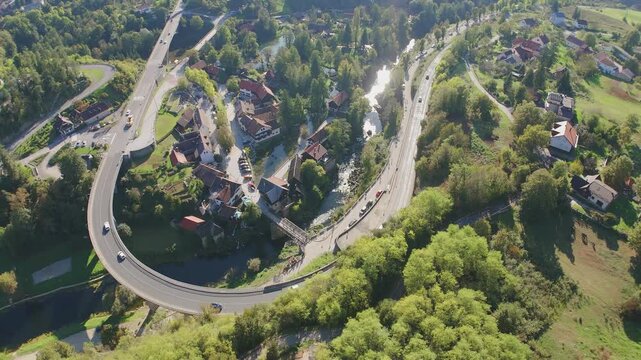 A drone view of the charming and picturesque Rastoke, a district of Slunj, famous for its numerous waterfalls and cascades, as well as numerous mills.