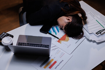 Business, tired asian woman with burnout, night and planning of budget, stress and sleepy in...
