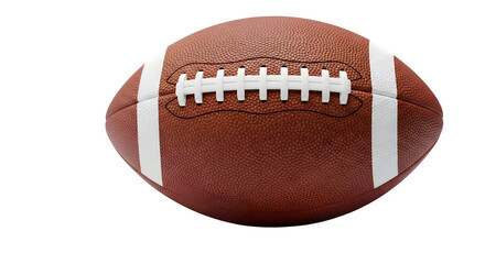 Close up of a leather american football with laces centered on a dark surface isolated on transparent background