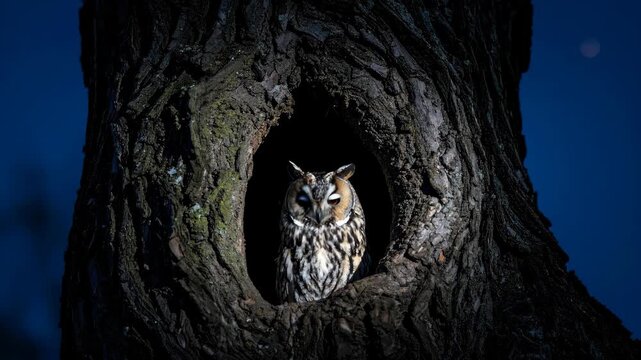 A Long Eared Owl Peeking Out From A Tree Hollow At Night.