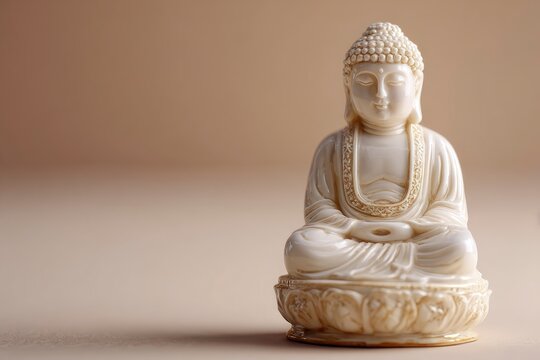 Creamcolored Buddha statue in meditative pose detailed garment  lotus base against a tan studio backdrop