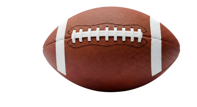 Close up of a leather american football with laces centered on a dark surface isolated on transparent background