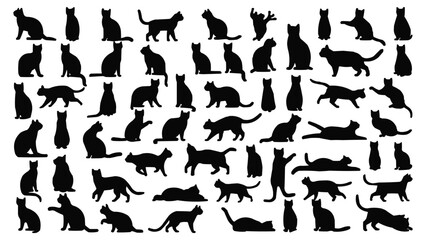 Collection of black cat silhouettes in various poses, vector pet art illustration for creative pattern and t shirt design