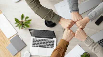 A UGC-style, top-down photograph of a diverse team's four hands in a fist bump stack, symbolizing unity and collaboration over a modern office desk with laptops and equipment in the background.