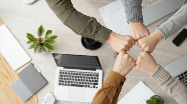 A UGC-style, top-down photograph of a diverse team's four hands in a fist bump stack, symbolizing unity and collaboration over a modern office desk with laptops and equipment in the background. - Powered by Adobe