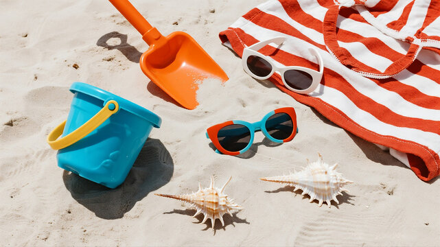 A top-down flat lay of family beach items, including a child's colorful bucket and spade and sunglasses, on clean white sand