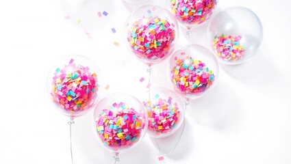 Clear Confetti Balloons with Colorful Square Pieces and White Balloons on a Bright Background