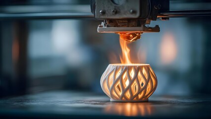 3D printer extruder printing a hollow lattice vase from molten plastic. Concept 3D printing, hollow lattice vase, extrusion process, molten plastic, additive manufacturing