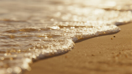An abstract macro background texture of wet, sparkling golden sand with the gentle ebb and flow of a wave