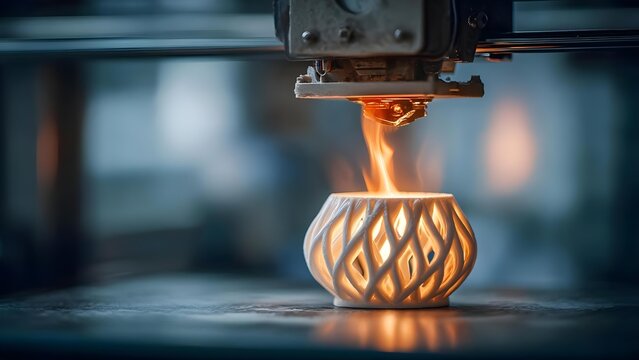3D printer extruder printing a hollow lattice vase from molten plastic. Concept 3D printing, hollow lattice vase, extrusion process, molten plastic, additive manufacturing