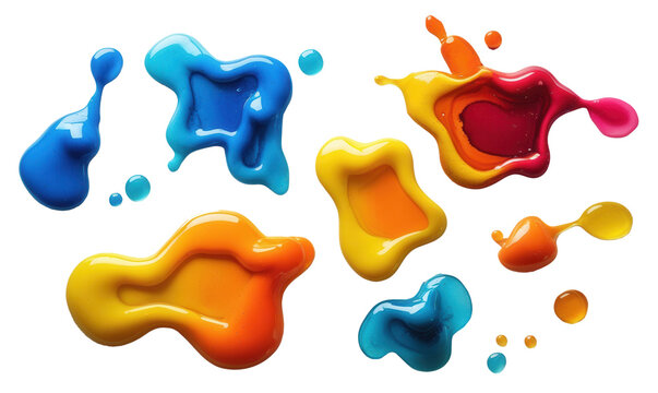 Collection of Bright Glossy Paint Splashes and Drops, Abstract Fluid Art Stains, Isolated on Transparent Background