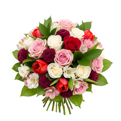 Beautiful mixed flower bouquet with roses and tulips lush greenery romantic arrangement isolated on transparent background