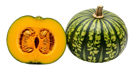 Whole green striped pumpkin and its bright orange half showing seeds and pulp isolated on transparent background