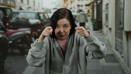 Fototapeta premium Woman pointing on urban street wearing casual hoodie outdoors surrounded by cars and buildings in lively street setting.