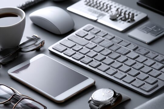 Desk setting features keyboard phone coffee mouse watches glasses pen on grey surface