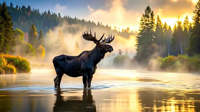 Majestic Bull Moose Standing in a Misty River at Sunrise.