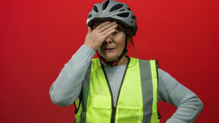 Hispanic senior woman wearing a helmet and reflective vest sneezes against a vibrant red wall, highlighting health and safety concerns.