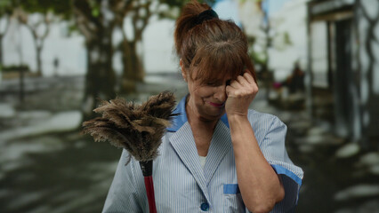 Hispanic senior woman cleaning outdoors on city street with a duster, wearing a uniform, depicting everyday life and manual work in an urban setting.