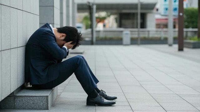 挫折・絶望・ストレスに打ちひしがれ、座り込んで頭を抱える若いビジネスマンの全身