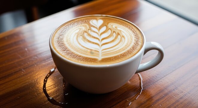 Professional latte art rosetta design in white ceramic coffee mug on wood table