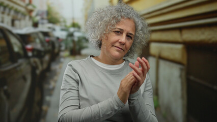 Woman with curly grey hair stands on an urban street, expressing various emotions, amidst parked cars and blurred buildings in the background. © Krakenimages.com
