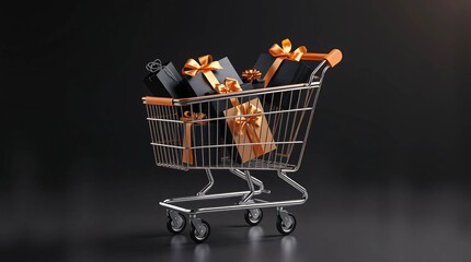 Shopping cart filled with elegant black and gold gifts and shopping bags for black friday