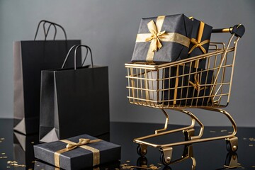 Shopping cart filled with elegant black and gold gifts and shopping bags for black friday