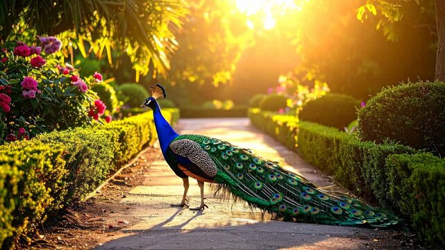 Majestic Peacock Walking Through a Sunlit Garden Path at Sunset.