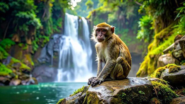 Wild Macaque Monkey Sitting by a Tropical Jungle Waterfall.