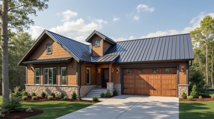 Wildfire‑resistant home exterior, metal roof and cleared defensible space
