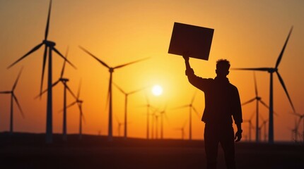 Wind turbines behind activist silhouette, sunset sky with protest sign
