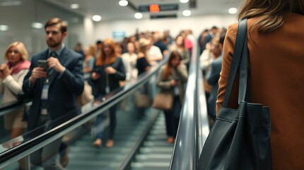 Escalator packed with people in supermarket place for shopping or travelling