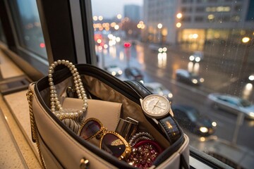 Fashion accessories inside bag with elegant luxury watches in urban metropolis