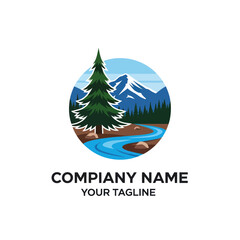 Scenic Mountain Landscape with Evergreen Tree and Flowing River Logo Design.