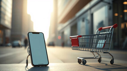 Smartphone displaying an e commerce retail trolley with copy space