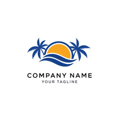 Obraz premium Tropical Sunset Logo with Palm Trees and Ocean Waves.