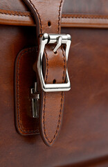 Close-up of buckle of  a retro leather bag
